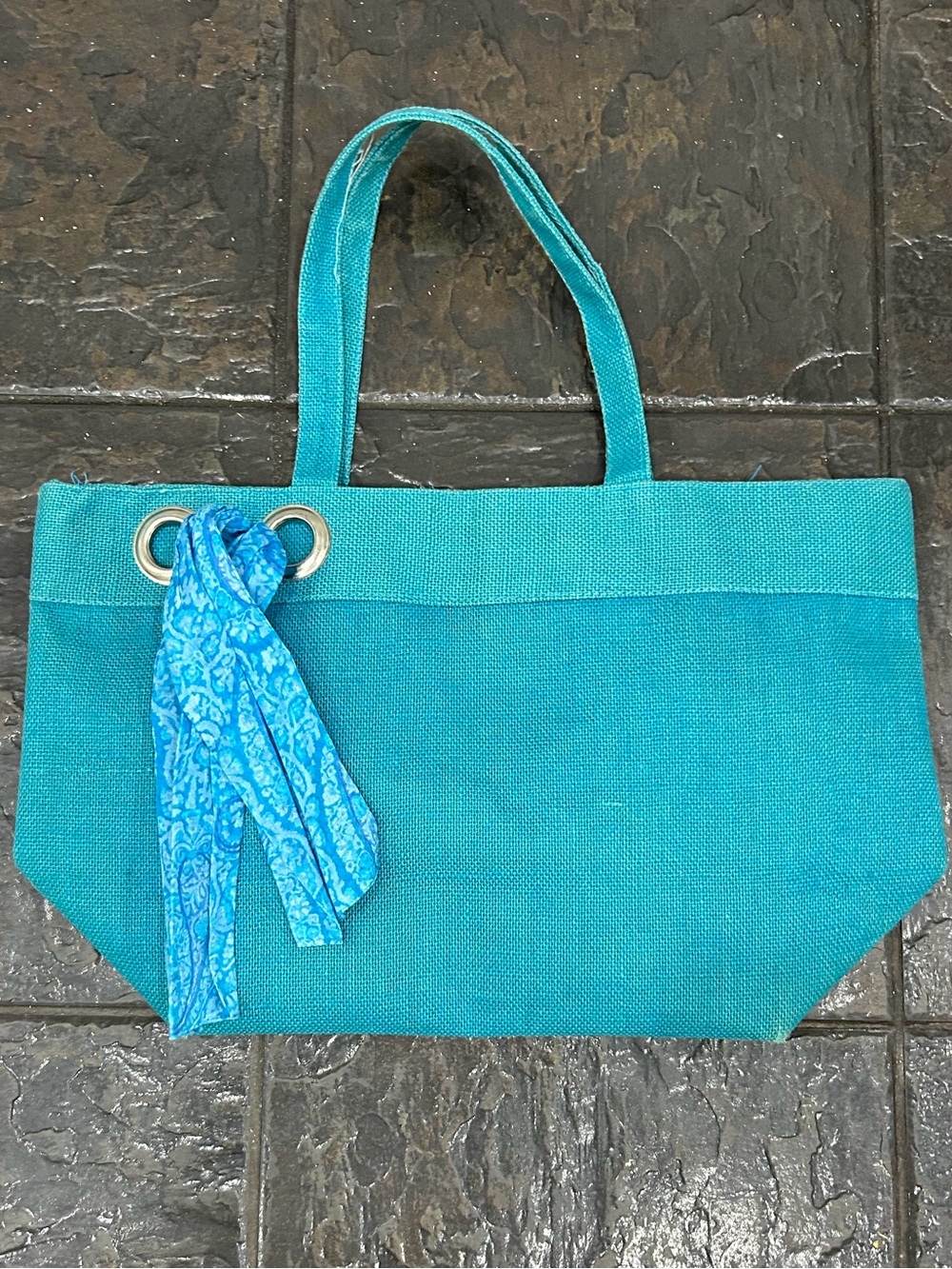 Murval Turquoise Woven Tote Handbag Blue Scarf Accent Summer Beach Bag